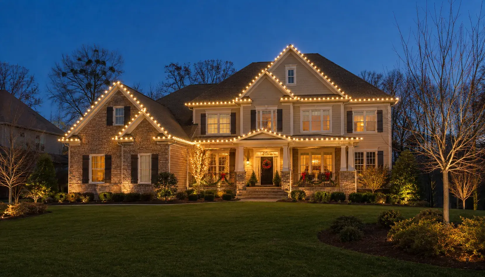 Home with professionally installed warm white holiday lights
