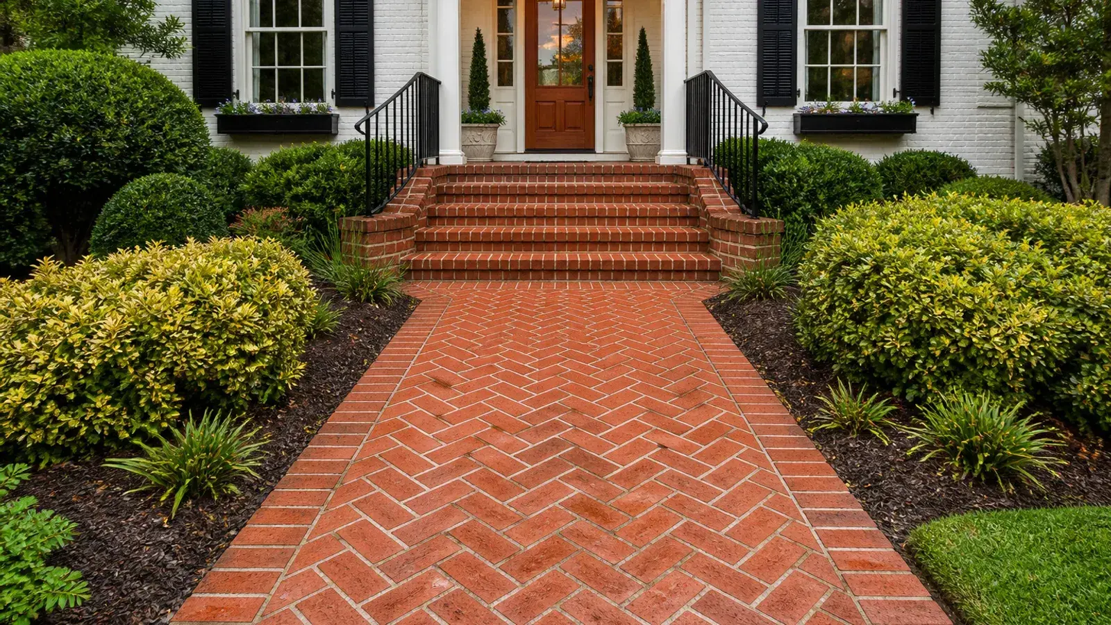 Clean brick walkway leading through a landscaped property