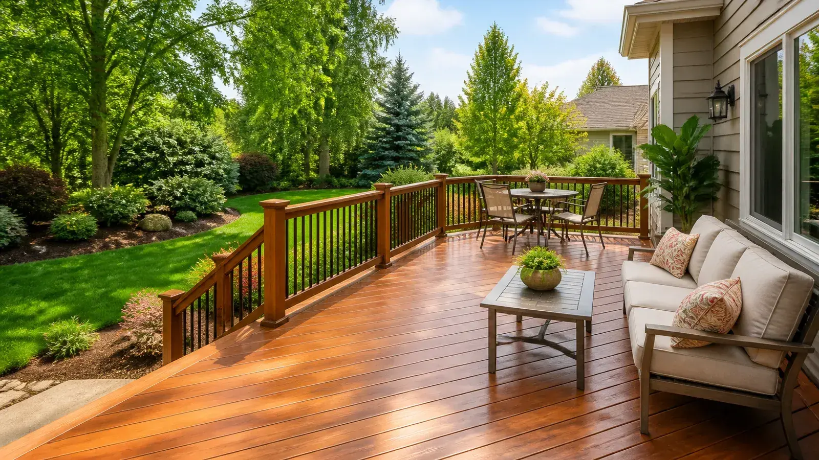Restored outdoor deck with a clean wood surface