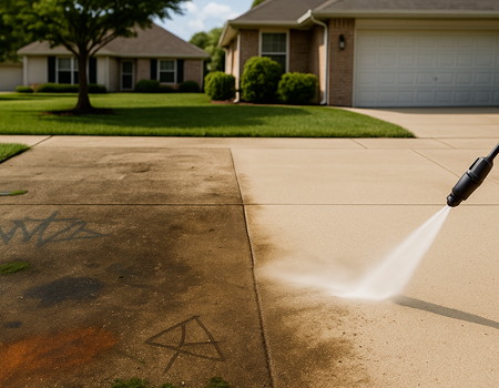 Technician performing concrete cleaning on a Burlington, NC driveway